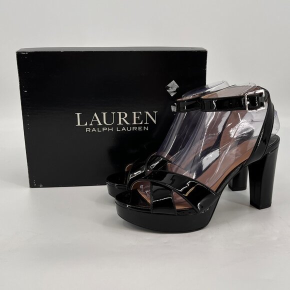 LAUREN Ralph Lauren Sasha Patent Leather Platform Sandal Size 8B Black Heels - Picture 1 of 16